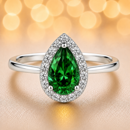 7×5 mm pear-cut green sapphire ring with Moissanite accents in white-gold-plated 925 silver. Brilliant halo sparkle with refined elegance. Now at BSI Jewelry.