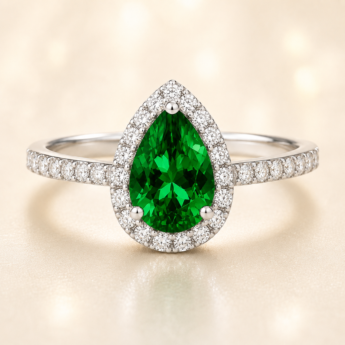 7×5 mm pear-cut green sapphire ring with Moissanite halo in white-gold-plated 925 silver. Vibrant color and refined brilliance. Available now at BSI Jewelry.