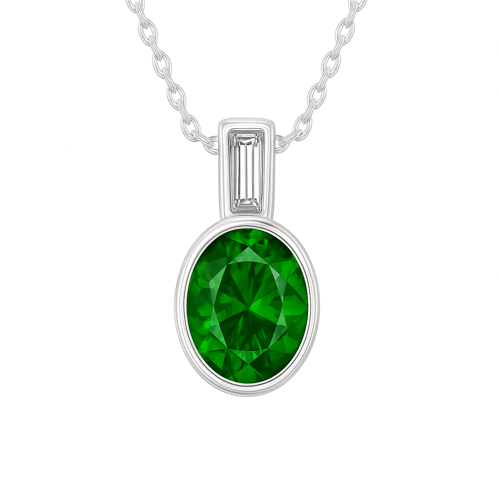 Elegant 7×5 mm Green Sapphire pendant in white-gold-plated 925 silver, highlighted with a Moissanite accent for refined sparkle. Available now at BSI Jewelry.