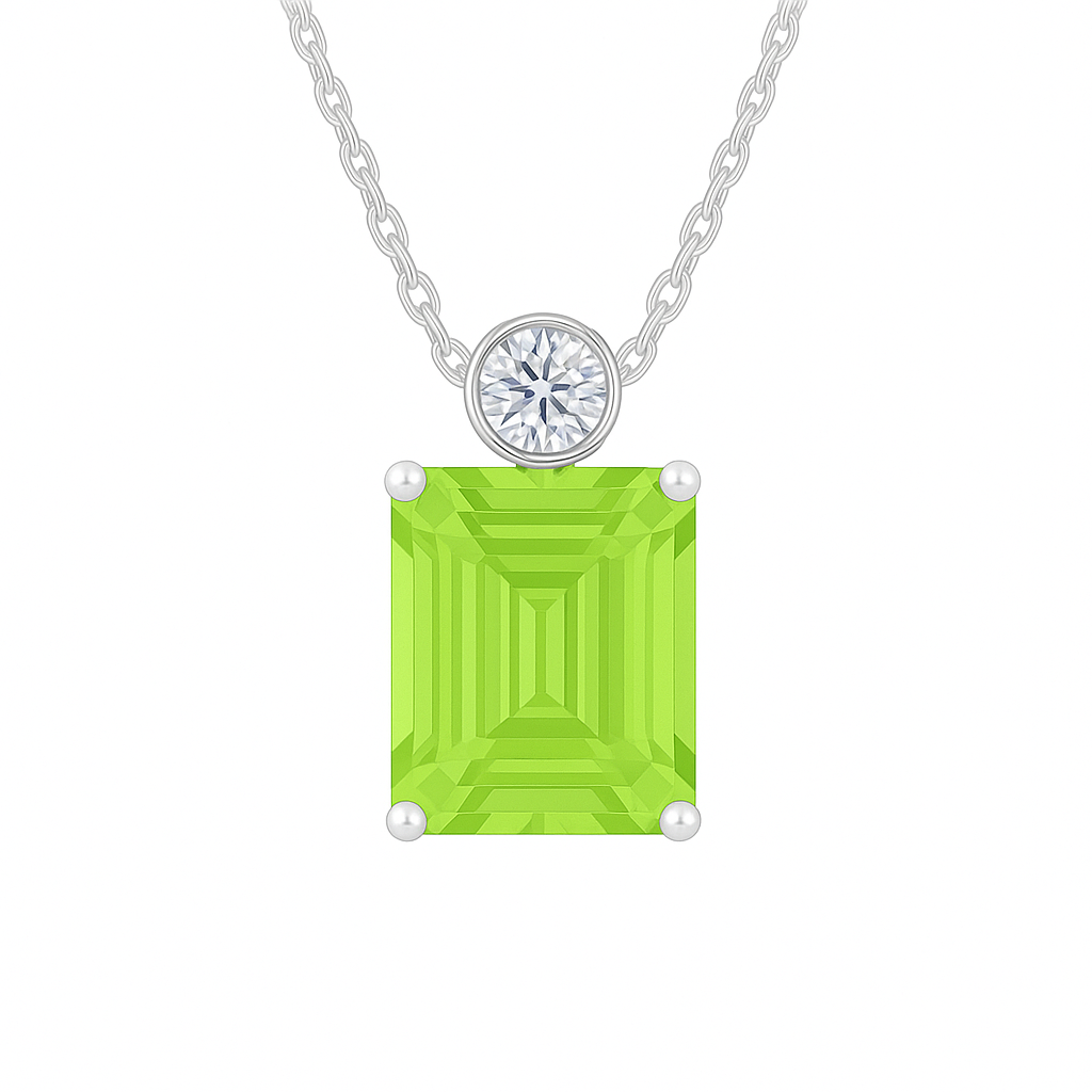 Green sapphire & Moissanite pendant with 7×5 mm emerald-cut stone in white gold-plated 925 silver. Elegant sparkle and hypoallergenic. Available at BSI Jewelry.