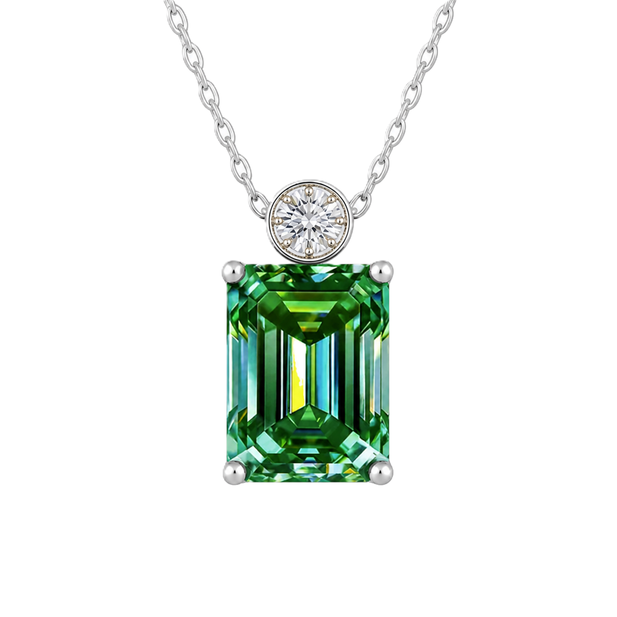 Green sapphire & Moissanite pendant with 7×5 mm emerald-cut stone in white gold-plated 925 silver. Elegant sparkle and hypoallergenic. Available at BSI Jewelry.