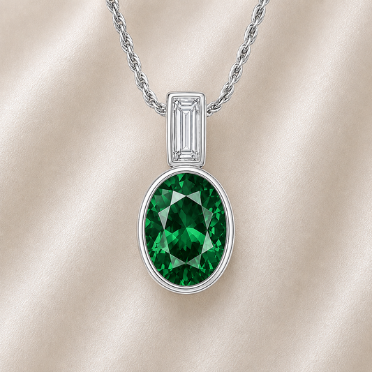 Elegant 7×5 mm Green Sapphire pendant in white-gold-plated 925 silver, highlighted with a Moissanite accent for refined sparkle. Available now at BSI Jewelry.