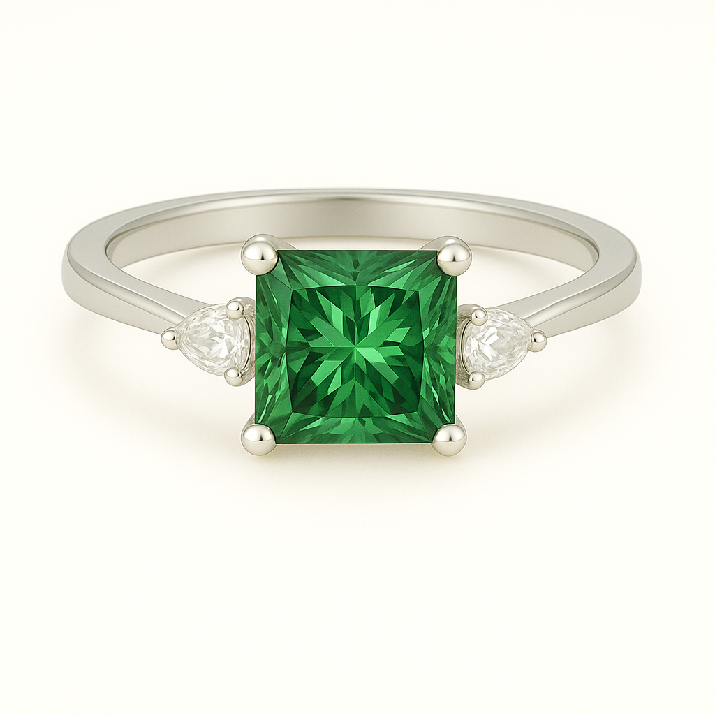 6 mm princess-cut green sapphire ring with Moissanite accents in white-gold-plated 925 silver. Radiant sparkle and timeless elegance. Available at BSI Jewelry.