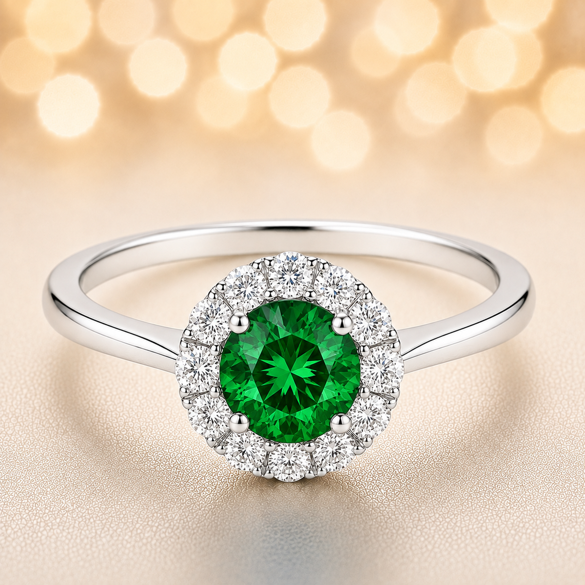 4.3 mm green sapphire halo ring with white Moissanite in white gold-plated hypoallergenic 925 silver. Timeless sparkle and color. Available now at BSI Jewelry.