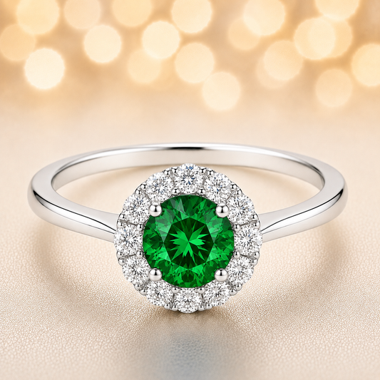 4.3 mm green sapphire halo ring with white Moissanite in white gold-plated hypoallergenic 925 silver. Timeless sparkle and color. Available now at BSI Jewelry.
