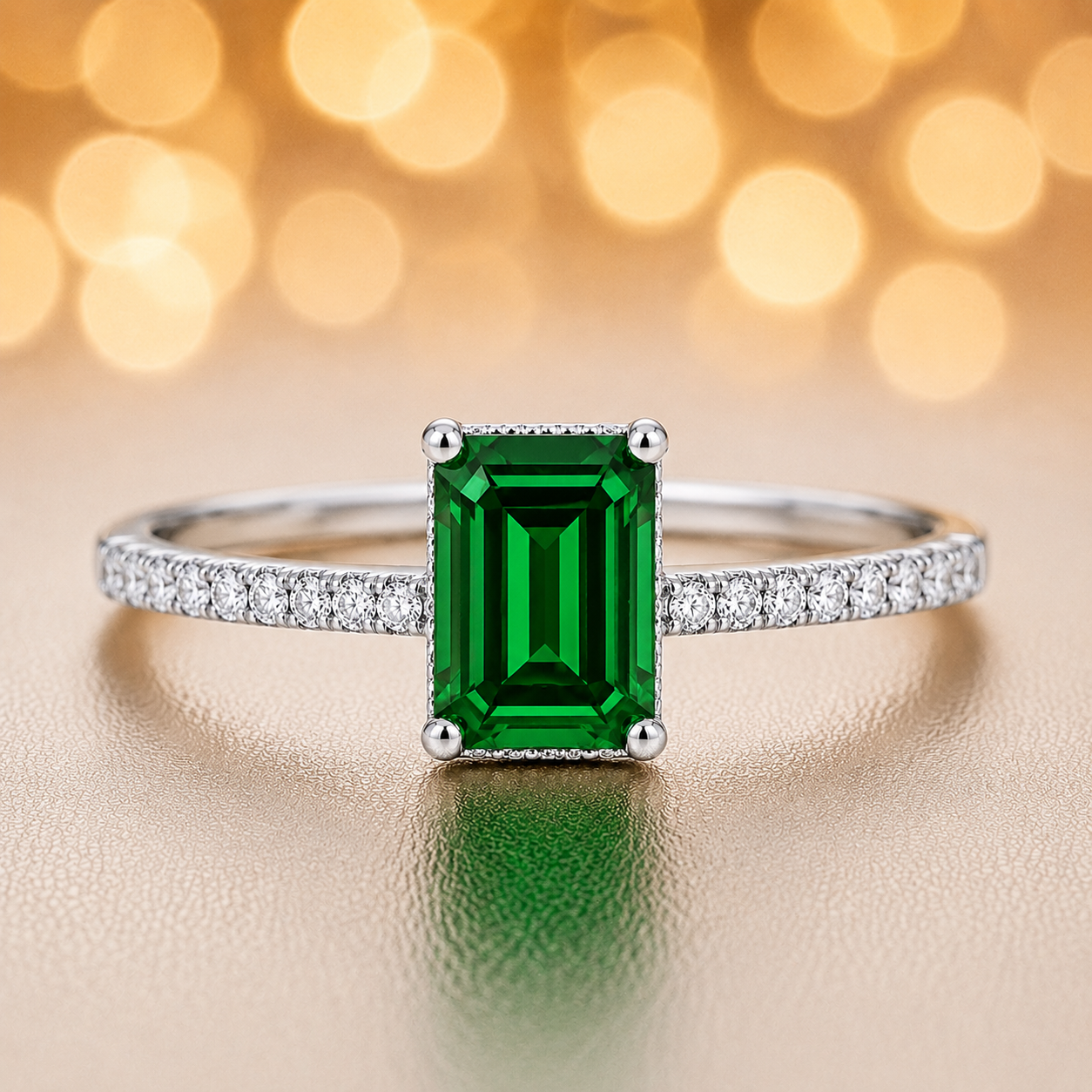 Emerald-cut 7×5 mm green sapphire ring with Moissanite on white gold-plated 925 silver. Elegant, brilliant, and hypoallergenic. Available now at BSI Jewelry.