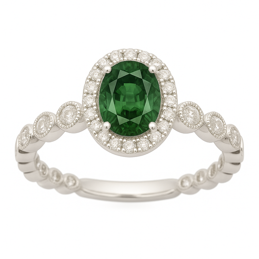 7×5 mm green sapphire ring with white Moissanite in white gold-plated hypoallergenic 925 silver. Elegant brilliance with vibrant color. Available now at BSI Jewelry.