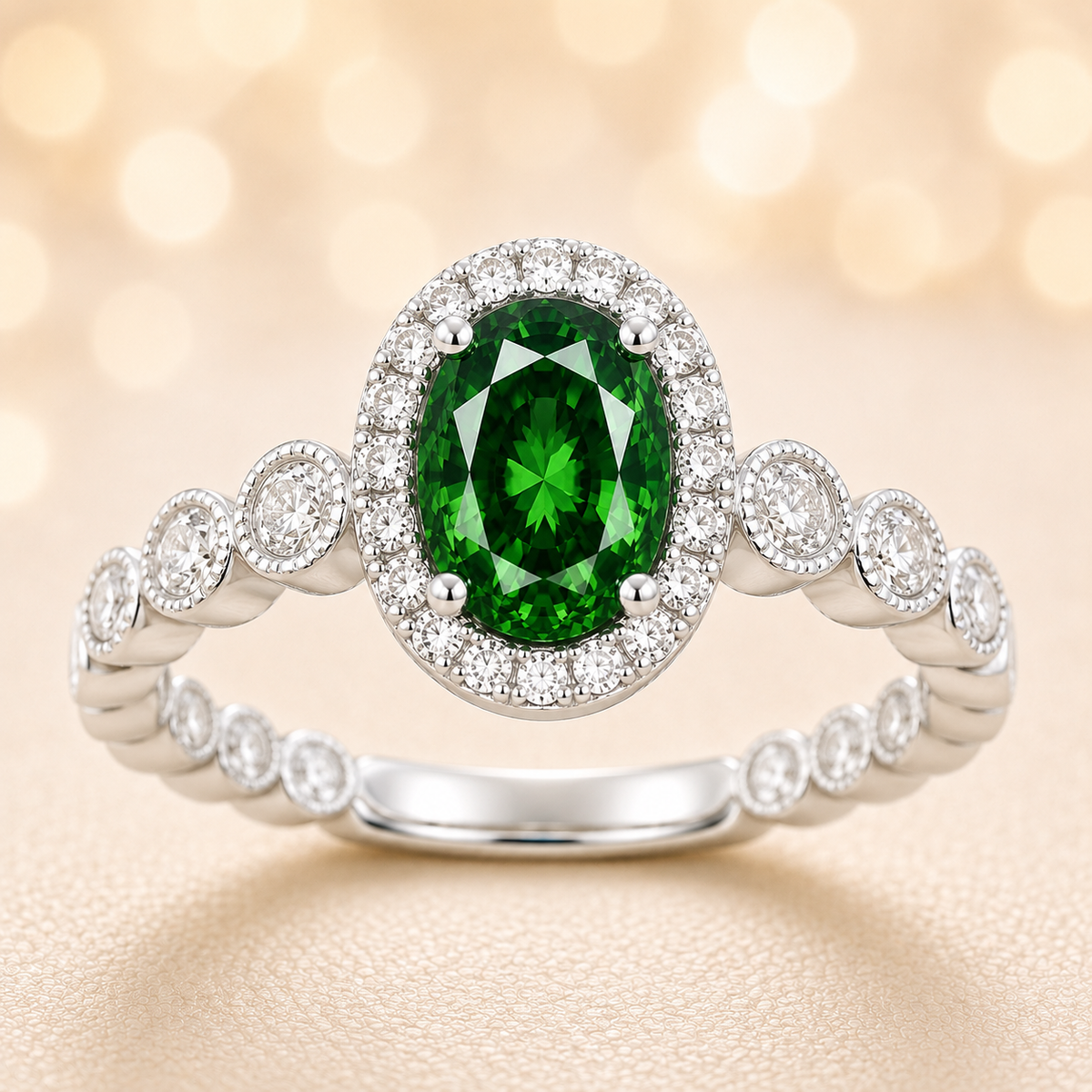 7×5 mm green sapphire ring with white Moissanite in white gold-plated hypoallergenic 925 silver. Elegant brilliance with vibrant color. Available now at BSI Jewelry.