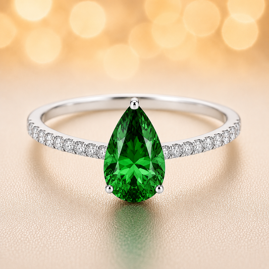 7×5 mm pear green sapphire ring with Moissanite on white gold-plated 925 silver. Elegant, radiant, and hypoallergenic. Available now at BSI Jewelry.