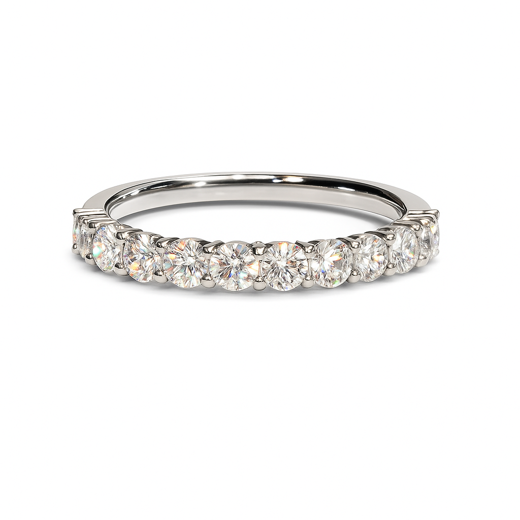 Stunning 0.70 carat Moissanite half-eternity band in white-gold-plated 925 silver. Brilliant sparkle, timeless style, and lasting comfort. Now at BSI Jewelry.