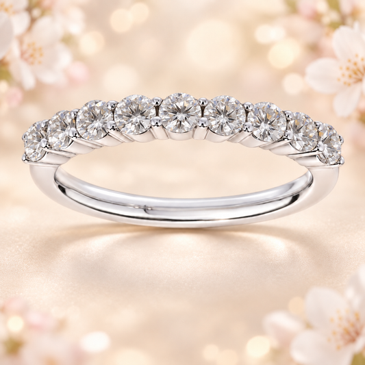Stunning 0.70 carat Moissanite half-eternity band in white-gold-plated 925 silver. Brilliant sparkle, timeless style, and lasting comfort. Now at BSI Jewelry.