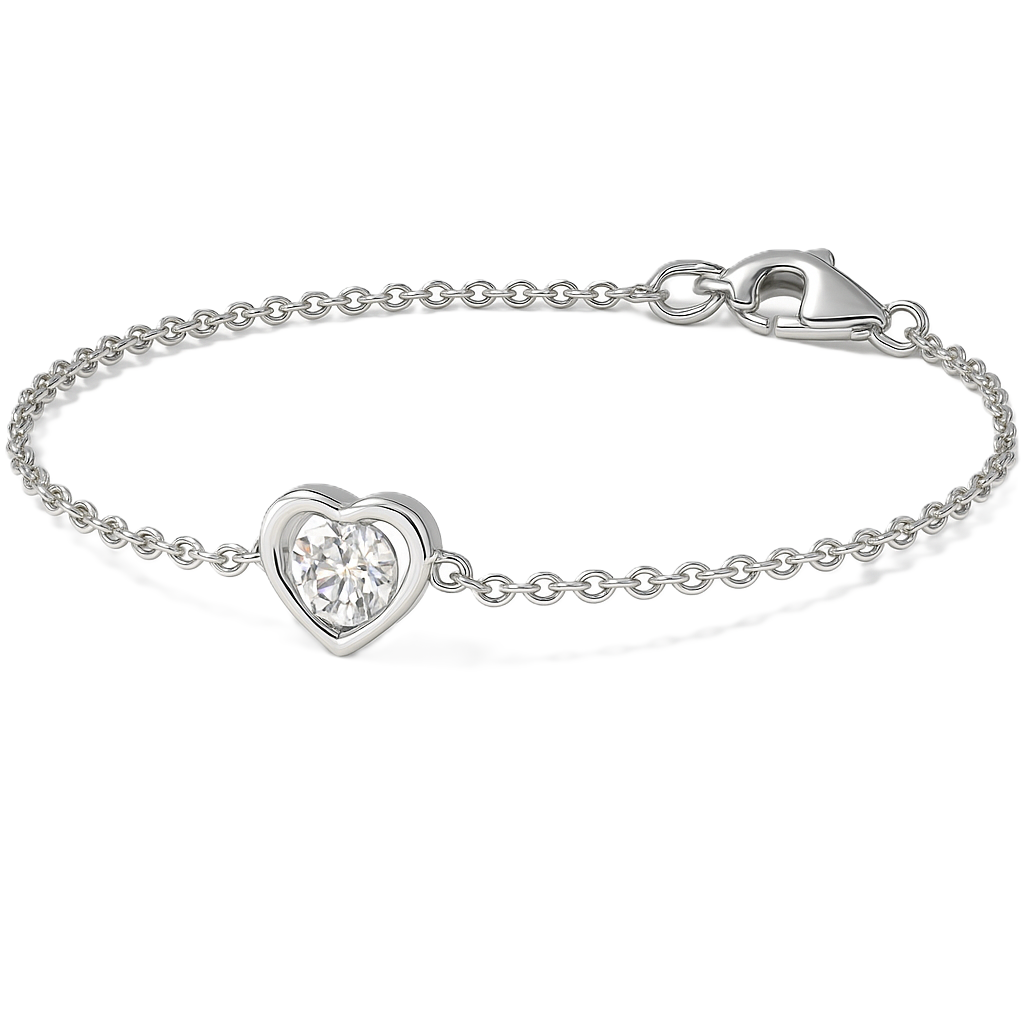 Moissanite heart bracelet with 3 mm round stone, crafted in white-gold-plated 925 silver. Timeless sparkle and everyday elegance. Available now at BSI Jewelry.