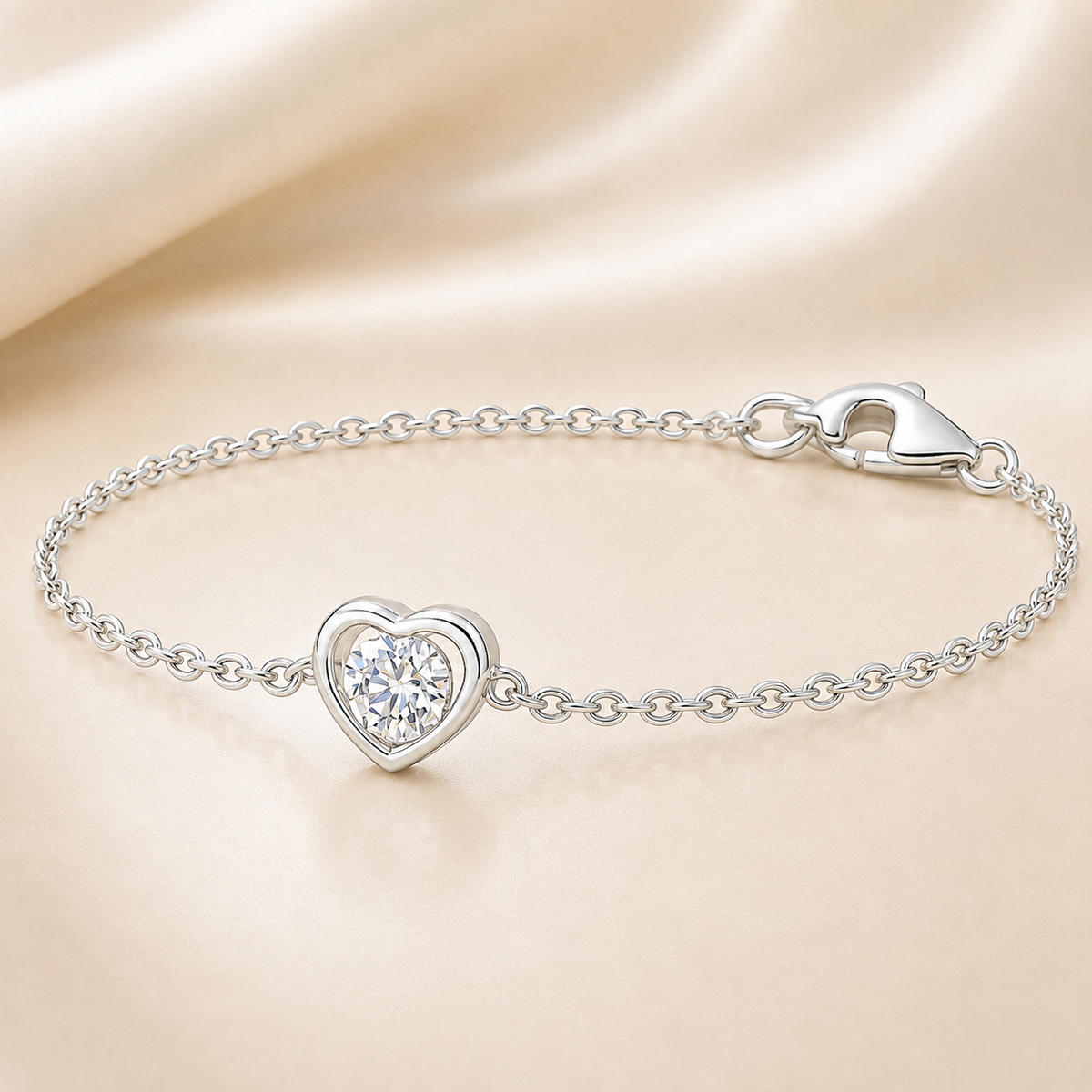 Moissanite heart bracelet with 3 mm round stone, crafted in white-gold-plated 925 silver. Timeless sparkle and everyday elegance. Available now at BSI Jewelry.