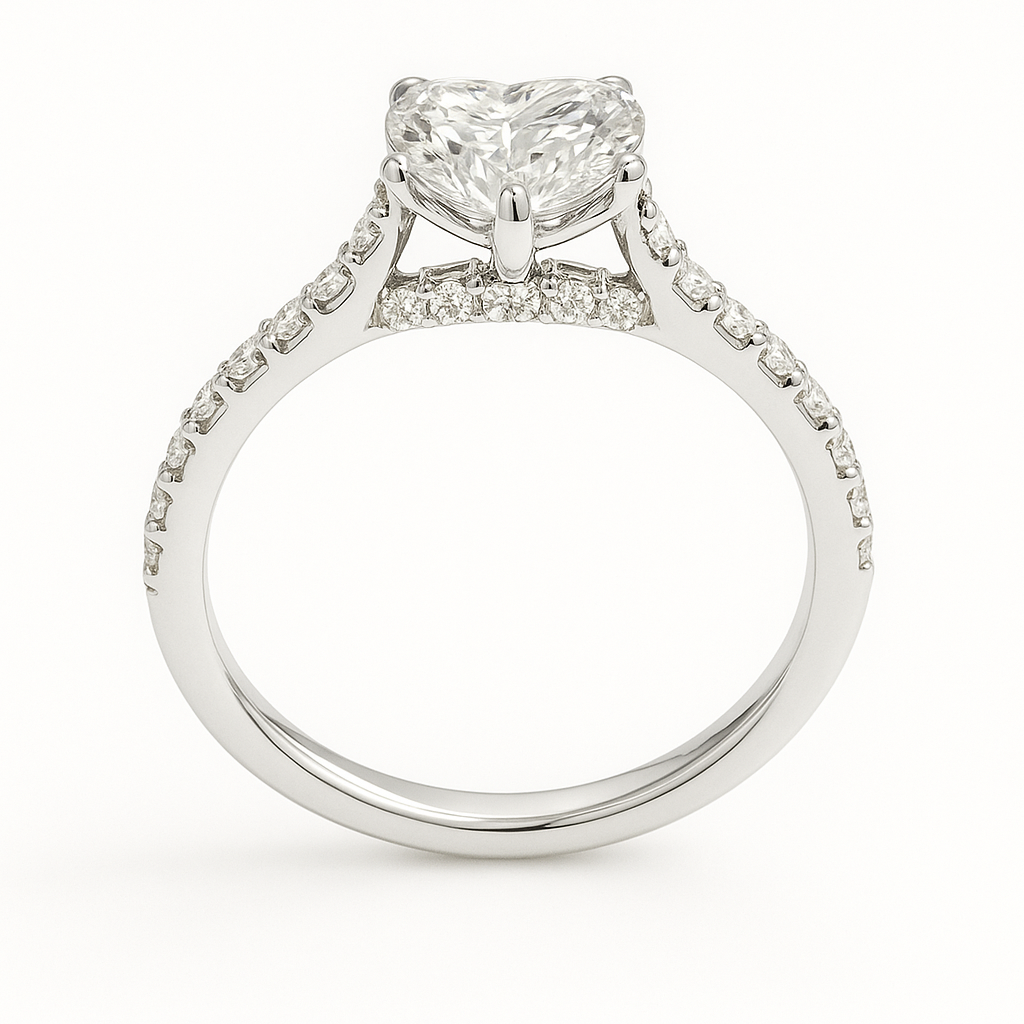 Romantic Moissanite heart engagement ring in white-gold-plated 925 silver, featuring a 6 mm stone with pavé band for timeless sparkle. Now at BSI Jewelry.