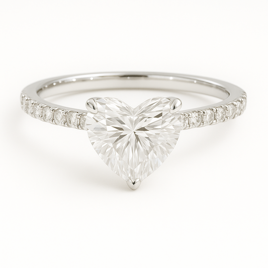Romantic Moissanite heart engagement ring in white-gold-plated 925 silver, featuring a 6 mm stone with pavé band for timeless sparkle. Now at BSI Jewelry.