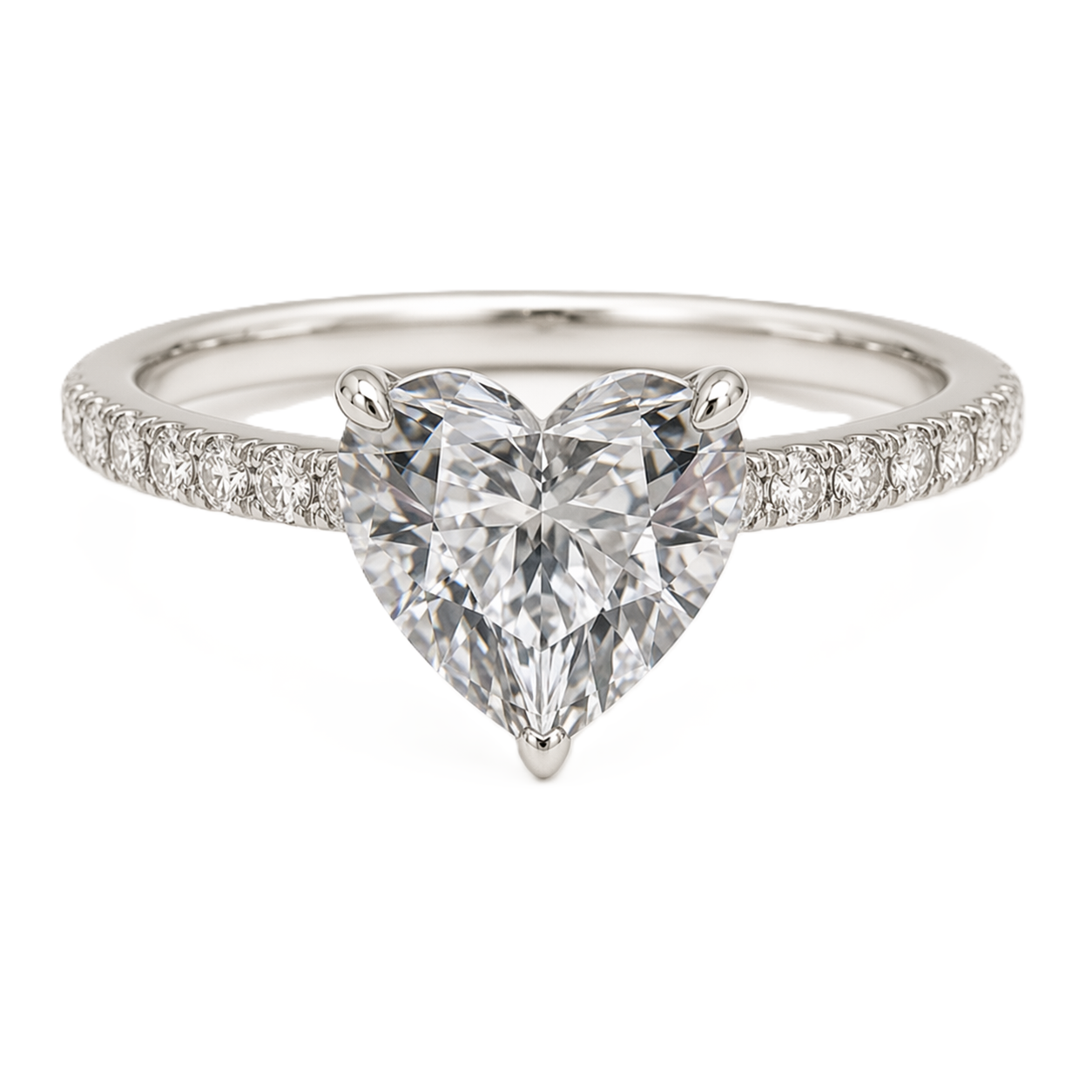 Romantic Moissanite heart engagement ring in white-gold-plated 925 silver, featuring a 6 mm stone with pavé band for timeless sparkle. Now at BSI Jewelry.