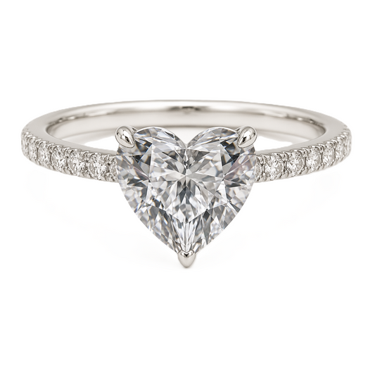 Romantic Moissanite heart engagement ring in white-gold-plated 925 silver, featuring a 6 mm stone with pavé band for timeless sparkle. Now at BSI Jewelry.