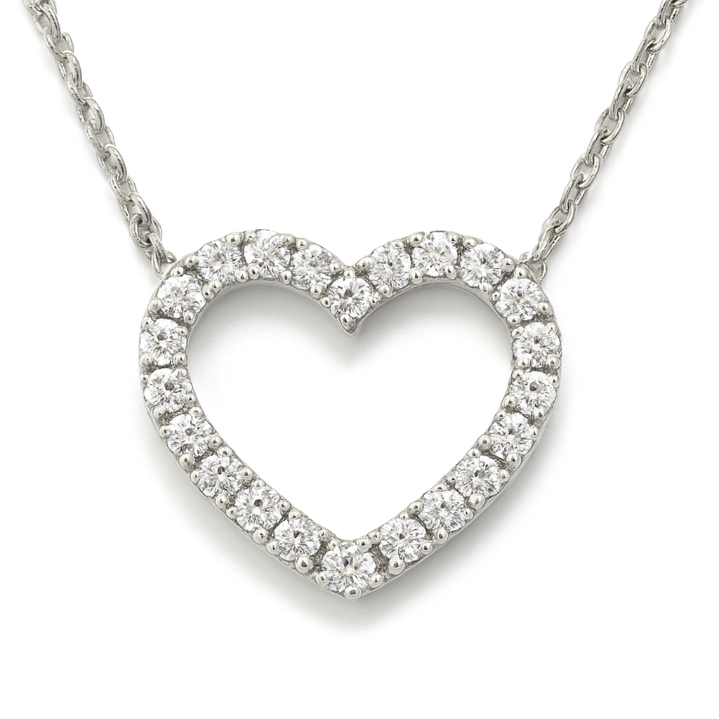 Romantic Moissanite heart necklace in 925 silver with pavé brilliance. Open-heart design symbolizing love and elegance. Available now at BSI Jewelry.