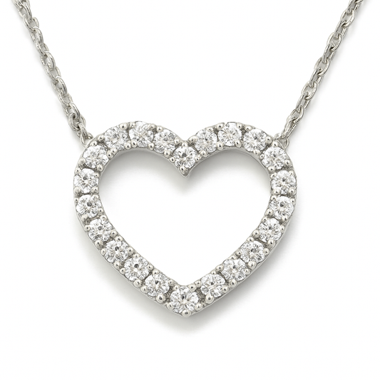 Romantic Moissanite heart necklace in 925 silver with pavé brilliance. Open-heart design symbolizing love and elegance. Available now at BSI Jewelry.
