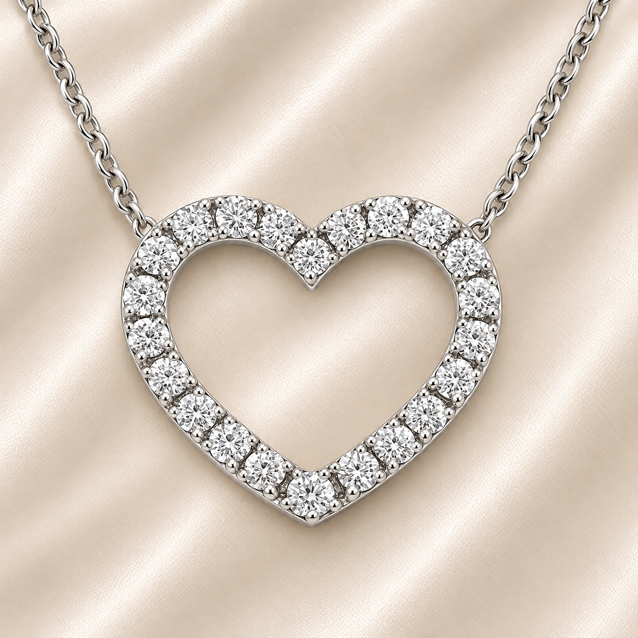 Romantic Moissanite heart necklace in 925 silver with pavé brilliance. Open-heart design symbolizing love and elegance. Available now at BSI Jewelry.
