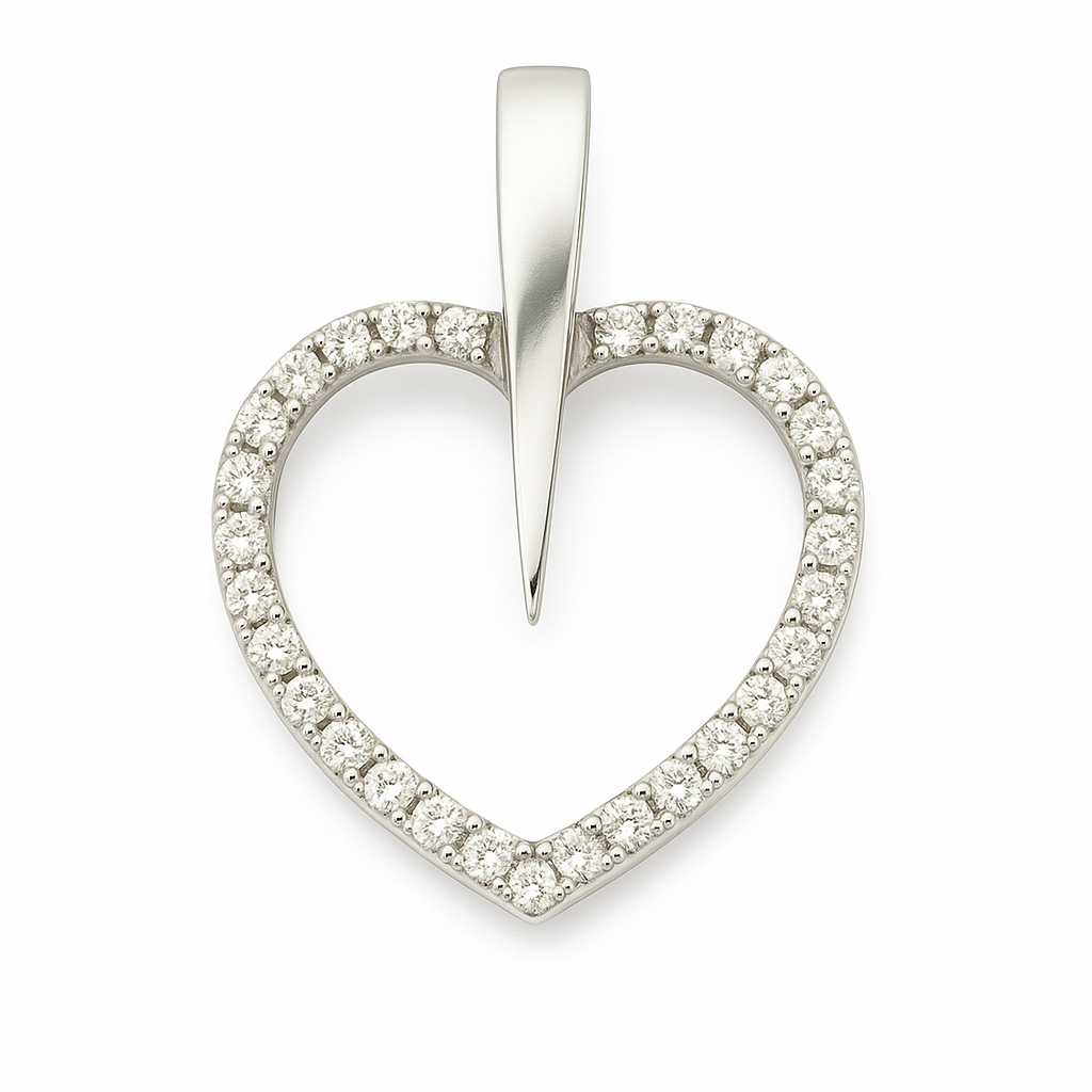 Elegant Moissanite heart pendant in 925 silver with a sparkling pavé open-heart design and sleek bail. A timeless symbol of love. Available now at BSI Jewelry.