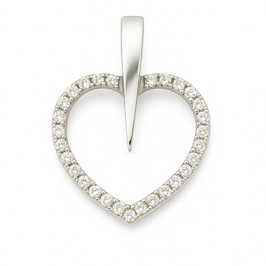 Elegant Moissanite heart pendant in 925 silver with a sparkling pavé open-heart design and sleek bail. A timeless symbol of love. Available now at BSI Jewelry.