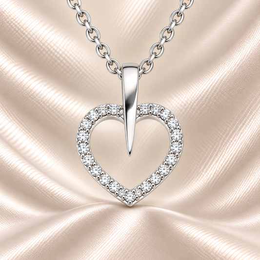 Elegant Moissanite heart pendant in 925 silver with a sparkling pavé open-heart design and sleek bail. A timeless symbol of love. Available now at BSI Jewelry.