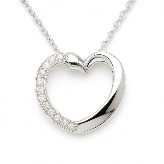 Elegant Moissanite heart pendant in 925 silver with pavé brilliance and fine chain. A timeless piece symbolizing love and grace. Available now at BSI Jewelry.