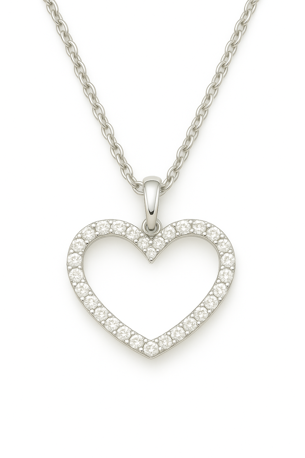 Romantic Moissanite heart pendant in 925 silver with chain. White gold-plated, hypoallergenic, and crafted for timeless sparkle. Available now at BSI Jewelry.