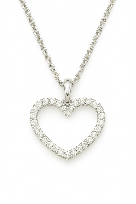 Romantic Moissanite heart pendant in 925 silver with chain. White gold-plated, hypoallergenic, and crafted for timeless sparkle. Available now at BSI Jewelry.