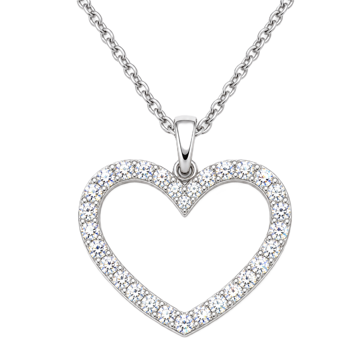 Romantic Moissanite heart pendant in 925 silver with chain. White gold-plated, hypoallergenic, and crafted for timeless sparkle. Available now at BSI Jewelry.