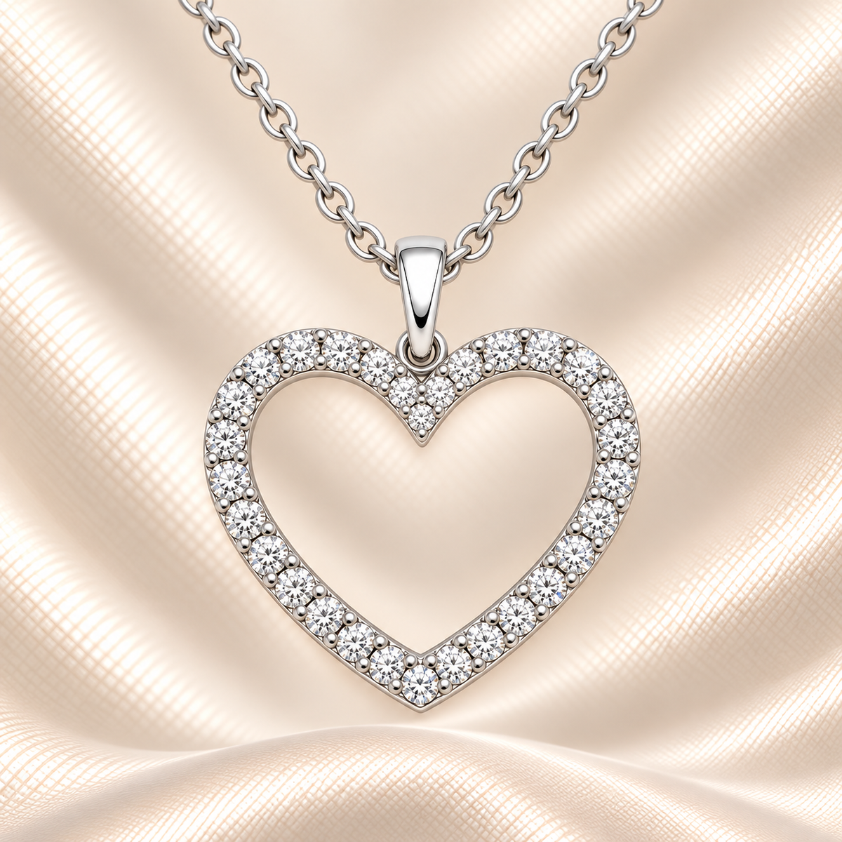 Romantic Moissanite heart pendant in 925 silver with chain. White gold-plated, hypoallergenic, and crafted for timeless sparkle. Available now at BSI Jewelry.