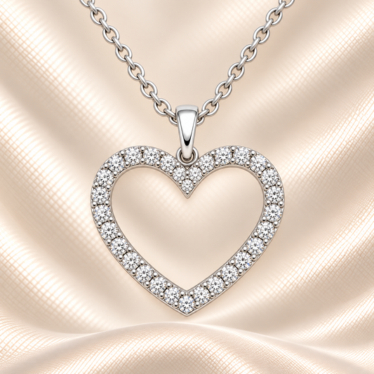 Romantic Moissanite heart pendant in 925 silver with chain. White gold-plated, hypoallergenic, and crafted for timeless sparkle. Available now at BSI Jewelry.