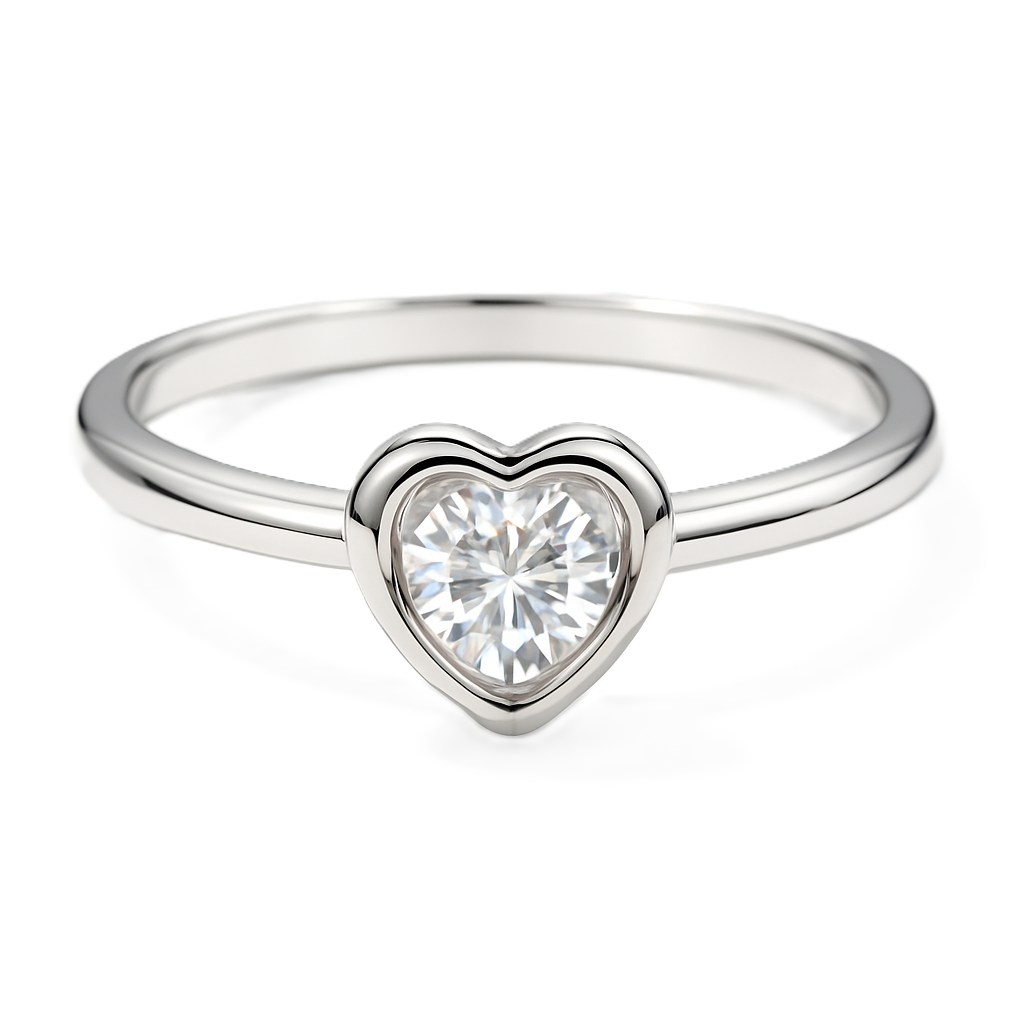 Moissanite heart solitaire ring with 3 mm round center stone, crafted in white-gold-plated 925 silver. Radiant sparkle and elegance. Available at BSI Jewelry.