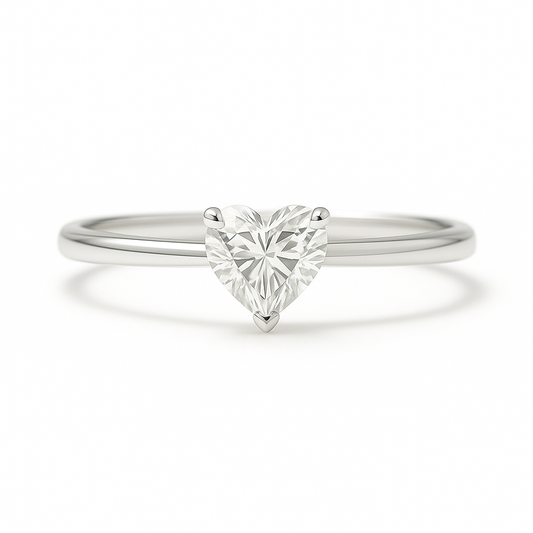 Romantic Moissanite heart solitaire ring with a 5mm heart in white gold-plated 925 silver. Radiant sparkle and hypoallergenic comfort. Available at BSI Jewelry.