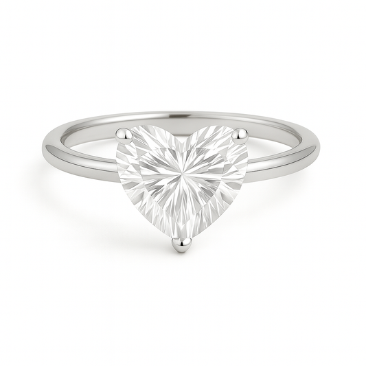 8mm heart-cut Moissanite solitaire in white gold-plated 925 silver with palladium-added alloy. Brilliant, bold, and hypoallergenic. Available now at BSI Jewelry.