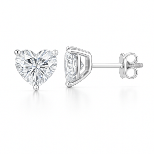 Moissanite heart stud earrings in 5 mm, crafted in white gold-plated 925 silver with screw-back posts. Safe for sensitive skin. Available now at BSI Jewelry.