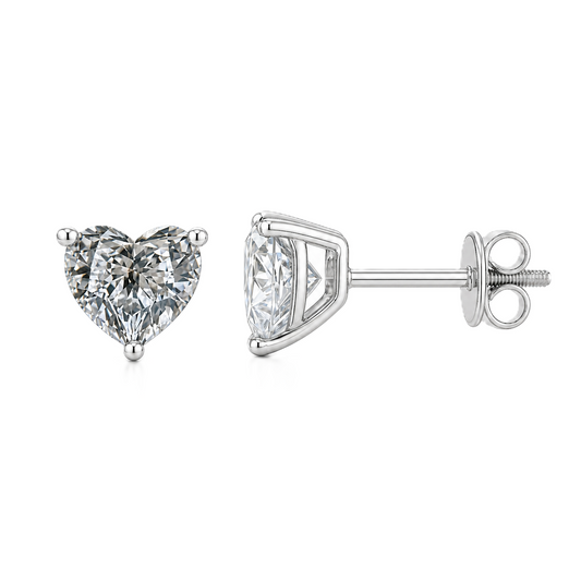 Moissanite heart stud earrings in 5 mm, crafted in white gold-plated 925 silver with screw-back posts. Safe for sensitive skin. Available now at BSI Jewelry.