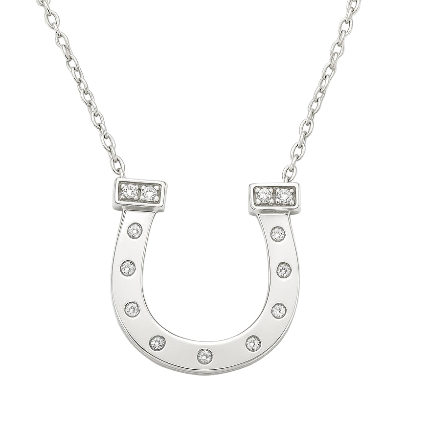 Elegant Moissanite horseshoe necklace in 925 silver with pavé brilliance. A symbol of good luck, crafted for timeless fortune. Available now at BSI Jewelry.