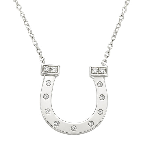 Elegant Moissanite horseshoe necklace in 925 silver with pavé brilliance. A symbol of good luck, crafted for timeless fortune. Available now at BSI Jewelry.