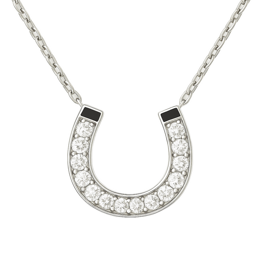 Chic Moissanite horseshoe necklace in 925 silver with pavé brilliance for extra sparkle. A timeless symbol of luck and elegance. Available now at BSI Jewelry.