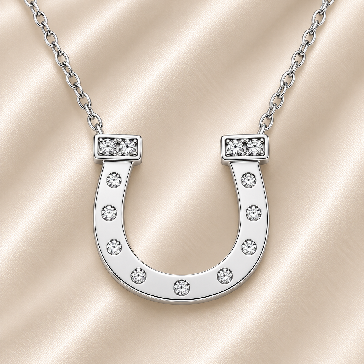 Elegant Moissanite horseshoe necklace in 925 silver with pavé brilliance. A symbol of good luck, crafted for timeless fortune. Available now at BSI Jewelry.