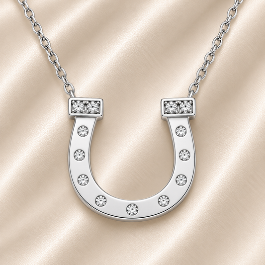 Elegant Moissanite horseshoe necklace in 925 silver with pavé brilliance. A symbol of good luck, crafted for timeless fortune. Available now at BSI Jewelry.
