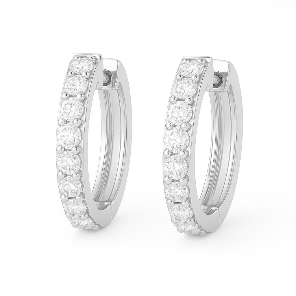 1.5 mm round Moissanite huggies in white gold-plated 925 silver. Fine sparkle, lightweight, hypoallergenic and safe for daily wear. Available now at BSI Jewelry.