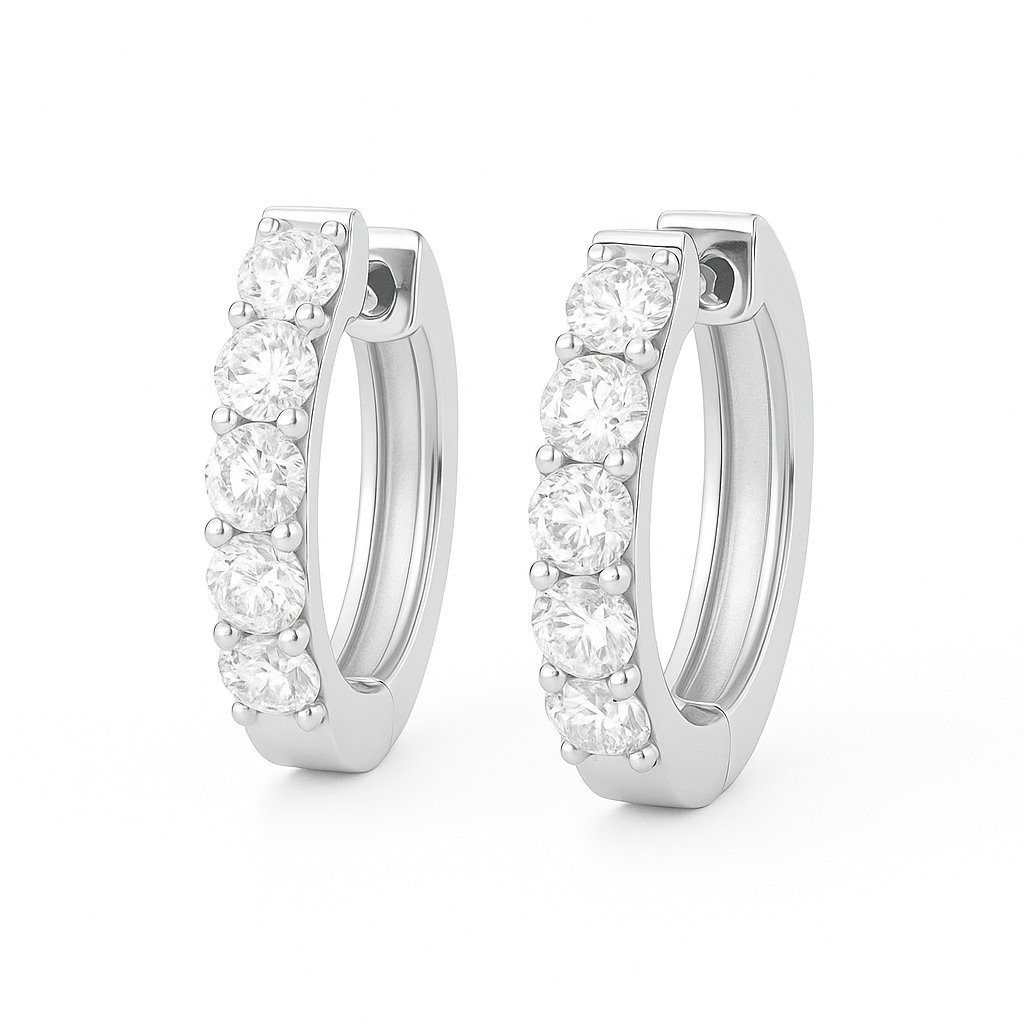2.5 mm round Moissanite huggies in white gold-plated 925 silver. Brilliant sparkle, hypoallergenic, safe for daily wear. Available now at BSI Jewelry.