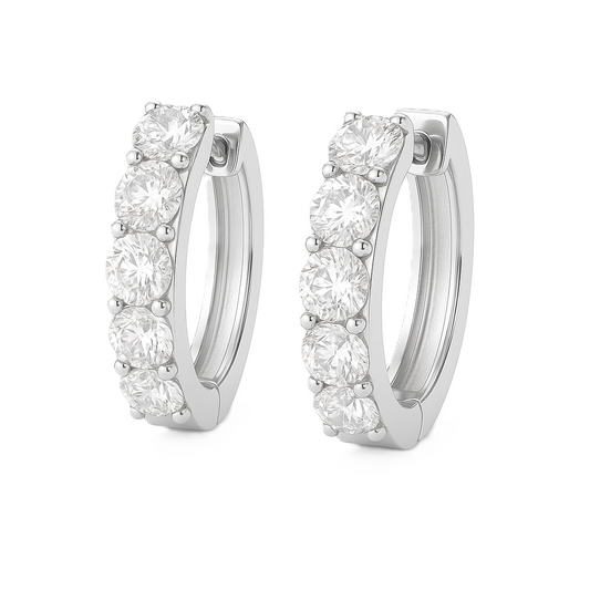 3.5 mm round Moissanite huggies in white gold-plated 925 silver. Design is bold sparkle, hypoallergenic and safe for daily wear. Available now at BSI Jewelry.