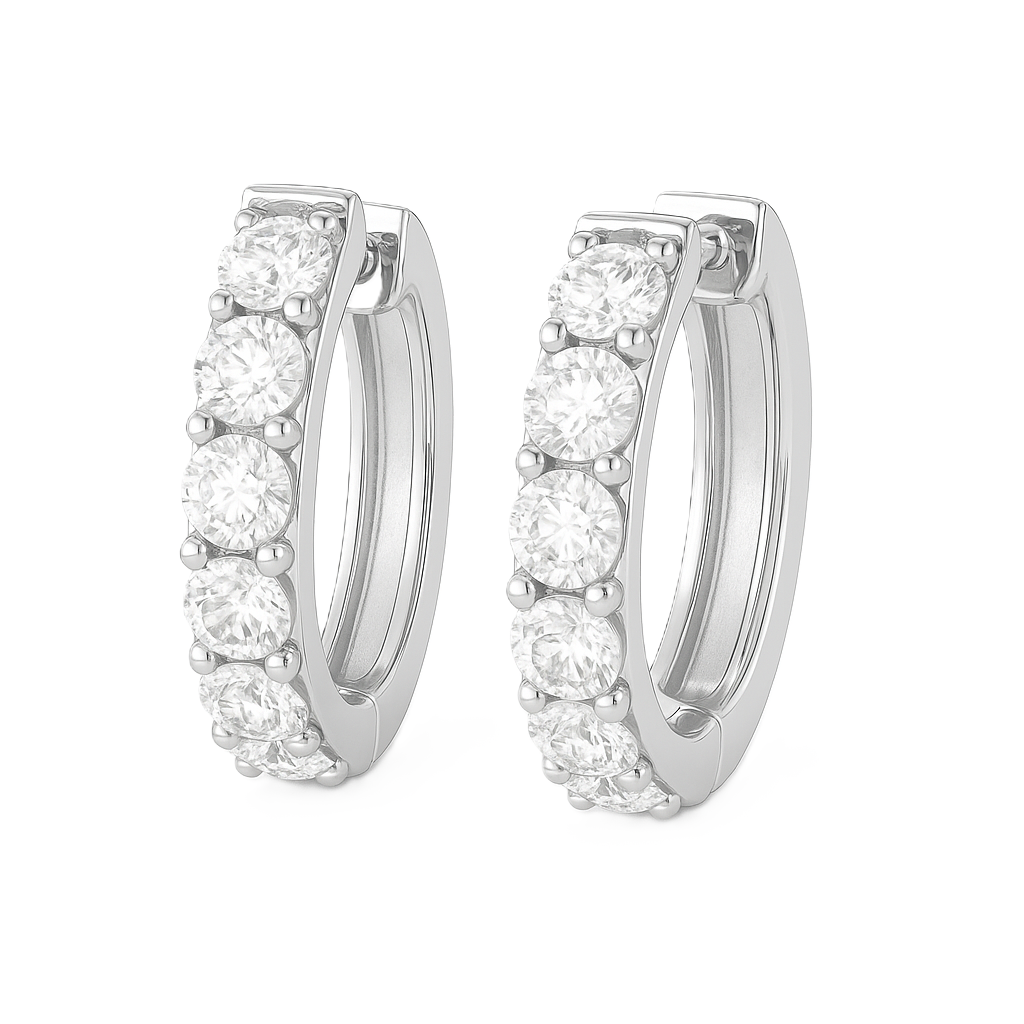 3 mm round Moissanite huggies in white gold-plated 925 silver. Five-stone design, sparkling, hypoallergenic and safe for daily wear. Available now at BSI Jewelry.