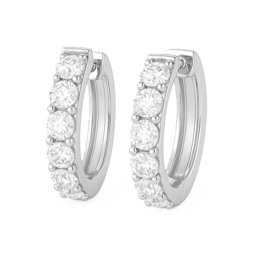 3 mm round Moissanite huggies in white gold-plated 925 silver. Five-stone design, sparkling, hypoallergenic and safe for daily wear. Available now at BSI Jewelry.