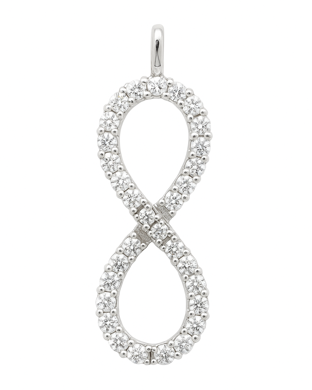 Timeless Moissanite infinity pendant in 925 silver with pavé sparkle. Includes chain, white gold-plated, hypoallergenic, and elegant. Available at BSI Jewelry.