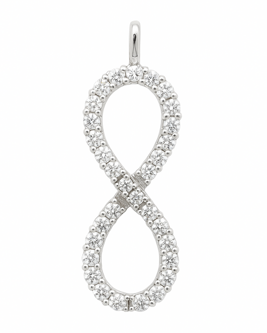 Timeless Moissanite infinity pendant in 925 silver with pavé sparkle. Includes chain, white gold-plated, hypoallergenic, and elegant. Available at BSI Jewelry.